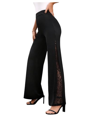 GORGLITTER Women's Lace Bell Pants Bottom Flare Flared Leg Elastic High Waist Casual Office Trousers