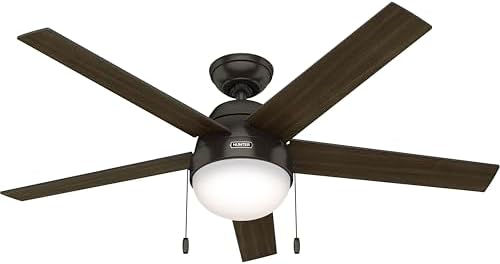 Hunter 52 inch Indoor Ceiling Fan with LED Light - Bronze Ceiling Fan with Pull Chain, For Bedroom, Living Room, or Kitchen, Standard Mount, No Remote, 5 Blades - Anslee 50232, Premier Bronze