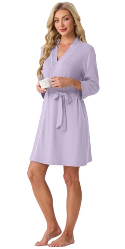 Image of PrinStory Womens Robe Knee Length Soft Knit Bathrobe S-2XL | V-Neck 3 /4 Sleeve Robes with Pockets, Lightweight, Breathable Bath Robe for Shower, Spa, Travel, Home, Party, Nursing