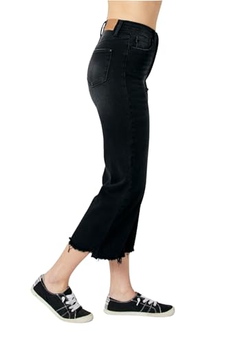 Judy Blue High Waist Distressed Raw Hem Wide Leg Crop Jeans, Black4