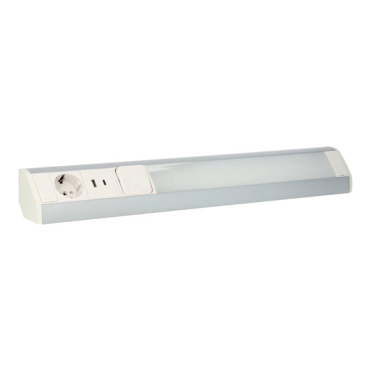 Barra LED Bajo Mueble Cocina con Enchufe Schuko y USB A+C, Regleta LED Bajo Mueble 9W, Barra LED 900lm, Regleta Enchufes para Cocina, Taller, 52 cm, Plata