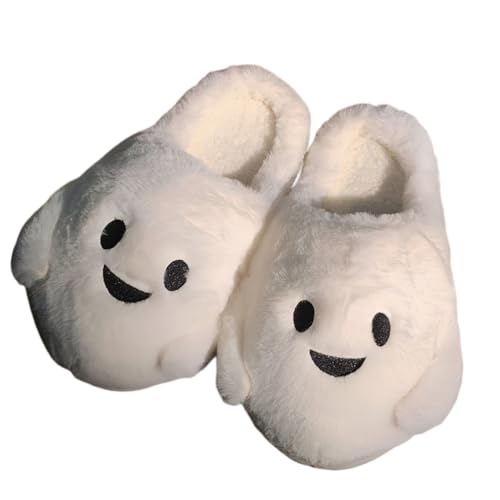 jiajiubai Halloween House Slippers - Warm Cozy Ghost Pumpkin Slippers for Indoor Outdoor Home Holiday Use (White Phantom 42-43 Adult Women 10.5 Numeric Range US Footwear Size System 11 Medium)