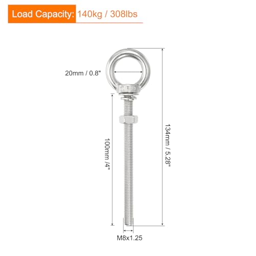 Image of uxcell M8x100 5 /16 inchx4 inch Stainless Steel Eye Bolts Threaded Screw Eyebolt Shoulder Ring with Nuts Washers for Lifting Hanging, 4 Set