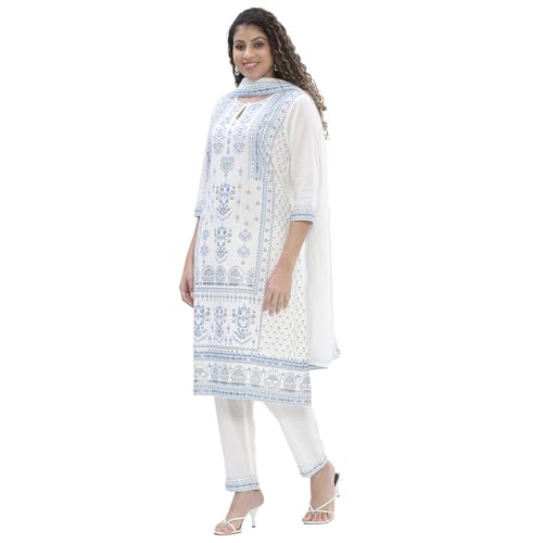 Image of Biba Women 100% Cotton 3 /4 Sleeve Round Neck Printed Kurta Set