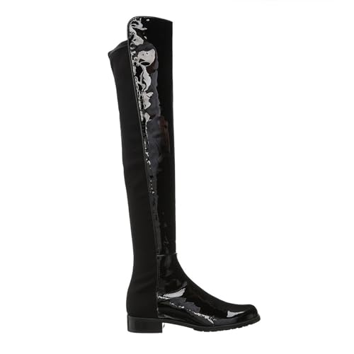 3cm Large Size Patent Leather Stitching Fashion Knee-high Boots Simple Round Toe Low Heel Women's Long Boots