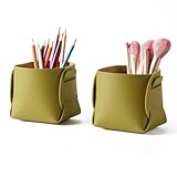 HOMIEAZICOZI 2-Pack Cork Leather Desk Accessories Storage - Pencil Pen Holder - Makeup Brush Holder Organizer - Stylish Addition to Home Decor (Olive Green)