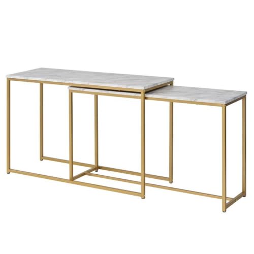 BOWERY HILL 2-Piece Nesting Sofa Table Set, Gold-Coated Metal Frame, White Faux Marble Tops, Space-Saving Design, Contemporary Style for Entryway, Console, or Seasonal Decor