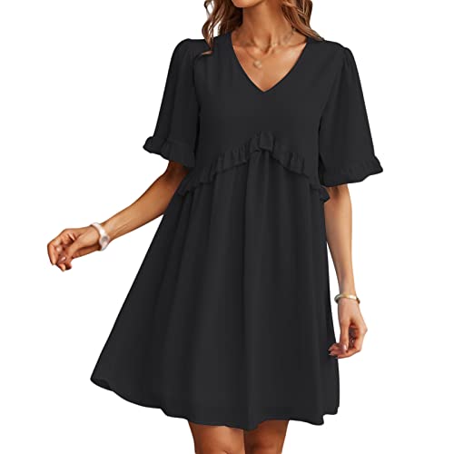 Vestido de Verano para Mujer Vestido de Gasa de Manga Corta Vestido Casual con Cuello en V Vestidos de Playa fluidos con Volantes, S-XL Cover