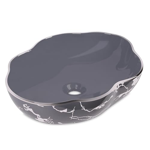 Image of BONKASO Cloud Designer Table Top Wash Basin | Premium Polished Ceramic Bathroom Sink | 50 x 40 x 14.5 cm Counter Top Basin | Modern Grey Silver Glossy Finish