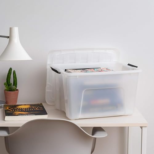 Image of IRIS USA 40 Qt Stackable Plastic Storage Bins with Lids, 6 Pack - BPA-Free, Made in USA - Discreet Organizing Solution, Latches, Durable Nestable Containers, Secure Pull Handle - Pearl