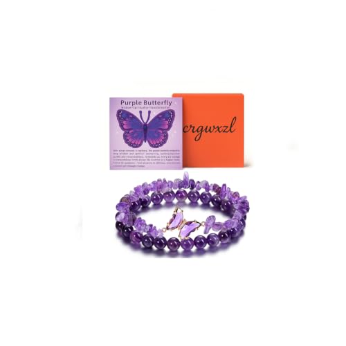 Crgwxzl Purple Butterfly Bracelets for Women Healing Crystals Stone Bracelets Natural 8mm Amethyst Gemstone Beads Stretch Bracelet Butterfly Charms Women Jewelry Gift