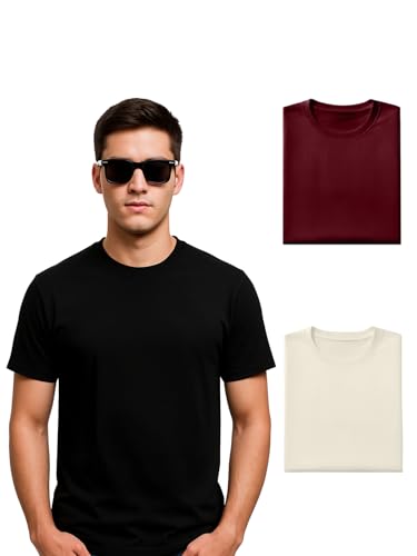Image of Veirdo 100% Pure Cotton Regular Fit Half Sleeve Solid Core Round Neck Multicolor T-Shirt Combo for Men (Pack of 3)