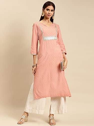 Image of rangita Peach Rayon Calf Length Embellished Straight Kurti for Women | Kurta for Women