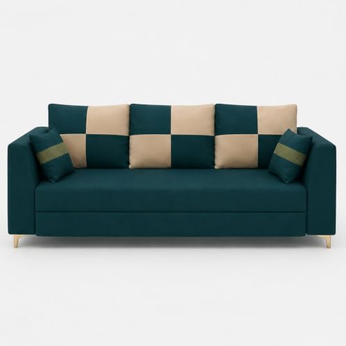 Image of FURNY Signature Cresta 3 Seater Sofa Set | Boston Fabric | 40D Foam + Zigzag Spring | 3-Yr Warranty (Ocean Teal-Beige)| Modern Living Luxury Sofa Set for Home, Office & Hotel Spaces