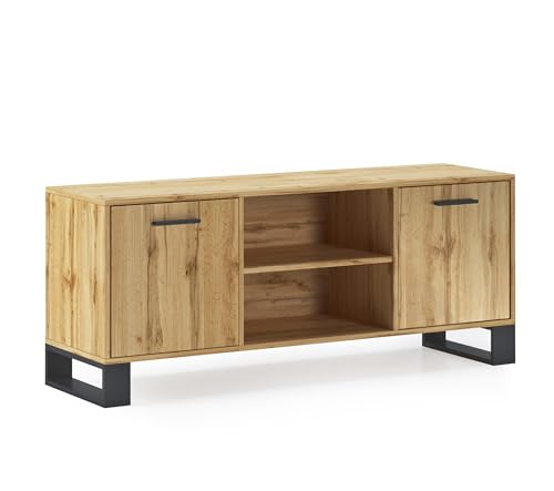 Skraut Home – TV-Schrank für Wohnzimmer – 57 x 137 x 40 cm – geeignet für 32/40/42/50/55/60 Zoll Fernseher – Loft-Modell – rustikale Struktur in Eichenfarbe – Schwarze Holzbeine