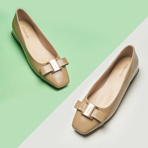 C.Paravano Women's Solid Color Ballet Flats - Elegant Square Toe with Crystal-Embellished Bow | Chunky Low Heel Dressy Flats for Wedding Receptions, Opera Nights & Executive Events(Camel,7)2