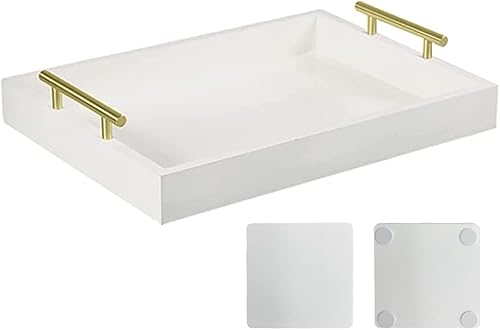 Bandeja de servir, bandeja de lujo para mesa de café con asas de metal dorado pulido y 2 posavasos, organizador de sala de estar, baño, bandeja
