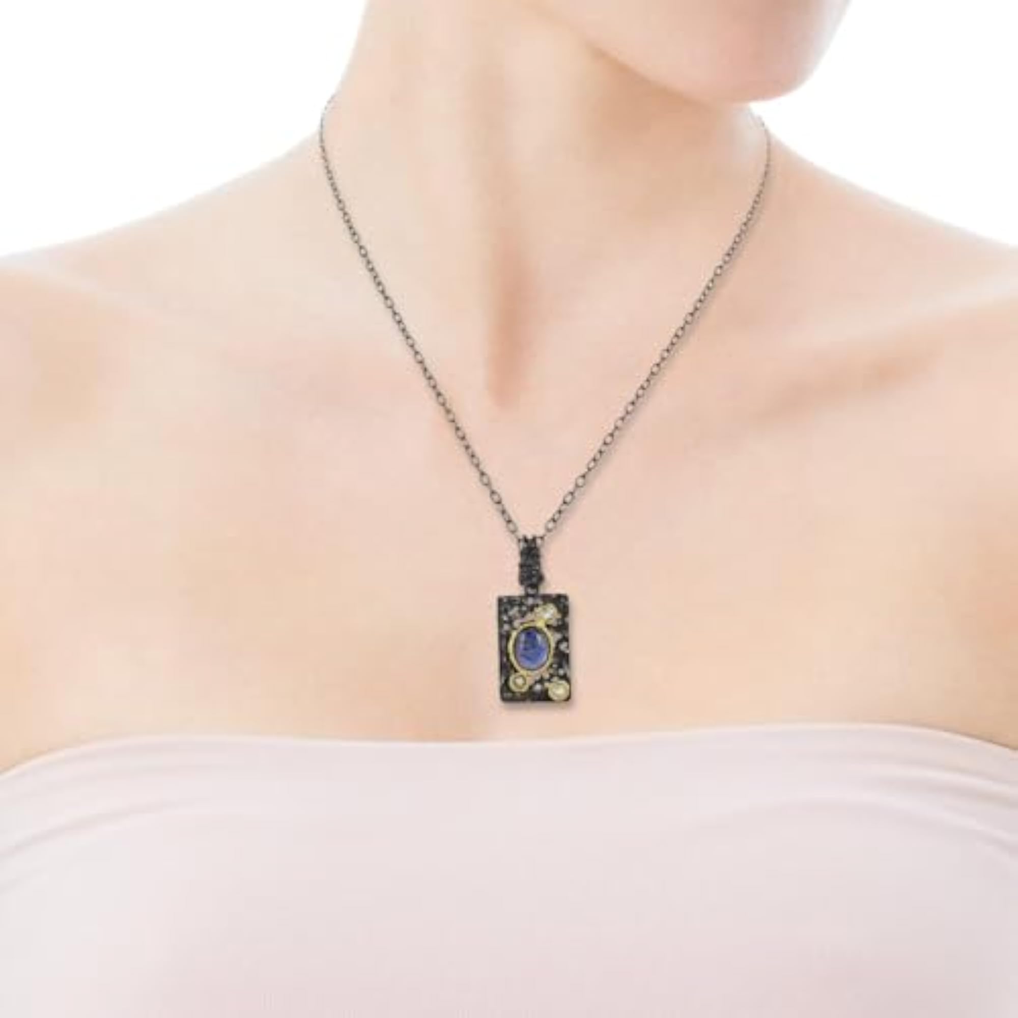 Women's Vintage Amethyst & Blue Topaz Rectangle Pendant in 925 Sterling Silver