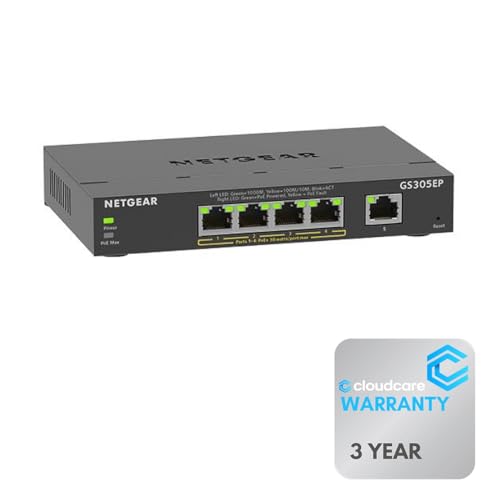 Image of NETGEAR GS305EP 5-Port 𝐌𝐚𝐧𝐚𝐠𝐞𝐝 Switch | 4 PoE+ Ports | Desktop and Wall Mountable | PoE+ (63W) | Cloud Care's 3-Year Warranty SupportPlus Included