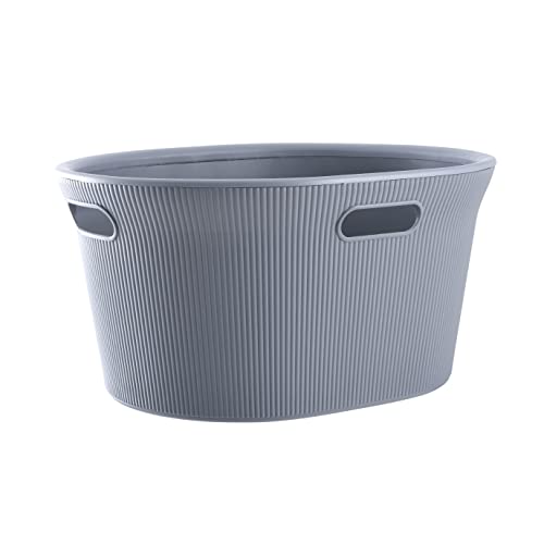 Image of Superio Ribbed Collection - Decorative Plastic Laundry Basket with Cut-Out Handles, Grey (1 Pack) Hamper Organzier for Bedroom Bathroom College Dorm Room 35 Liter