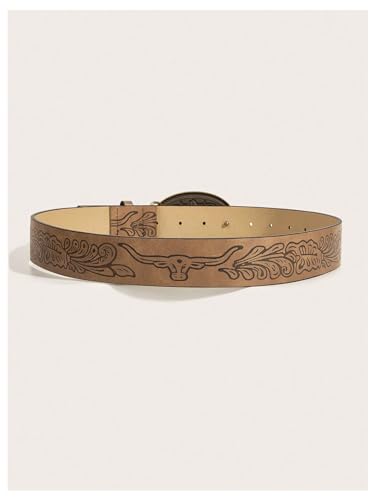 GORGLITTER Women's Embossed Buckle Cowgirl Cowboy Belt Vintage Pattern Leather Country Rodeo Western Belts3