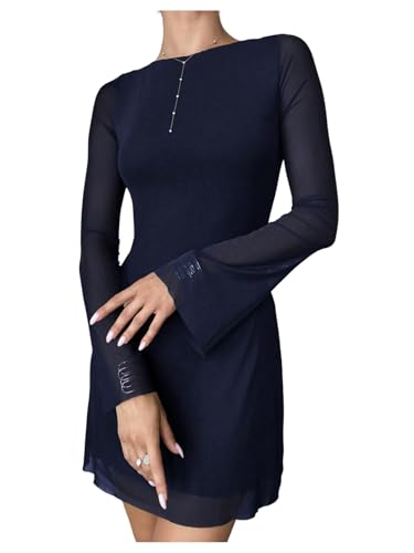 Image of GORGLITTER Women's Bell Long Sleeve Mini Dress Y2k Fall 2025 Mesh Boat Neck Going Out Club Bodycon Short Dress