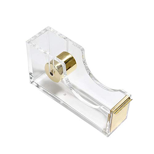 Clear Acrylic Tape Dispenser Gold Desktop Tape Holder Cutter 1 Inch Desktop Tape Dispenser Modern Design Office Supplies for School Home Office Gift Idea(Clear Gold)