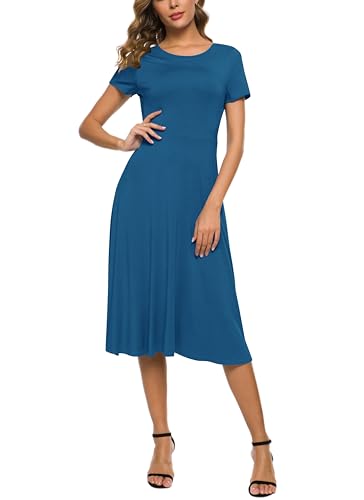 Image of EXCHIC Women's Casual Round Neck Short Sleeve Midi Dress Solid Stretchy Waist Knee Long Dress