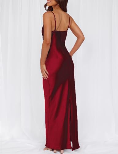Image of Formal Satin Silk Spaghetti Strap Maxi Dresses for Women Wedding Guest