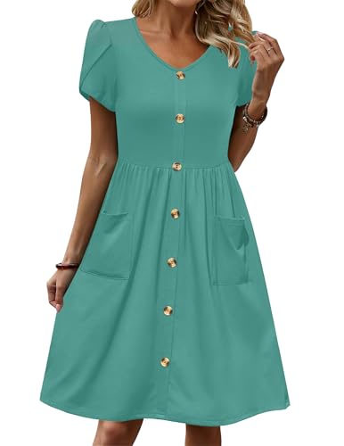Zeagoo Vstidos de Mujer Vestido Playero de Verano Cuello en V Informal con Cintura Elástica Vestido Midi con Bolsillos Verde M