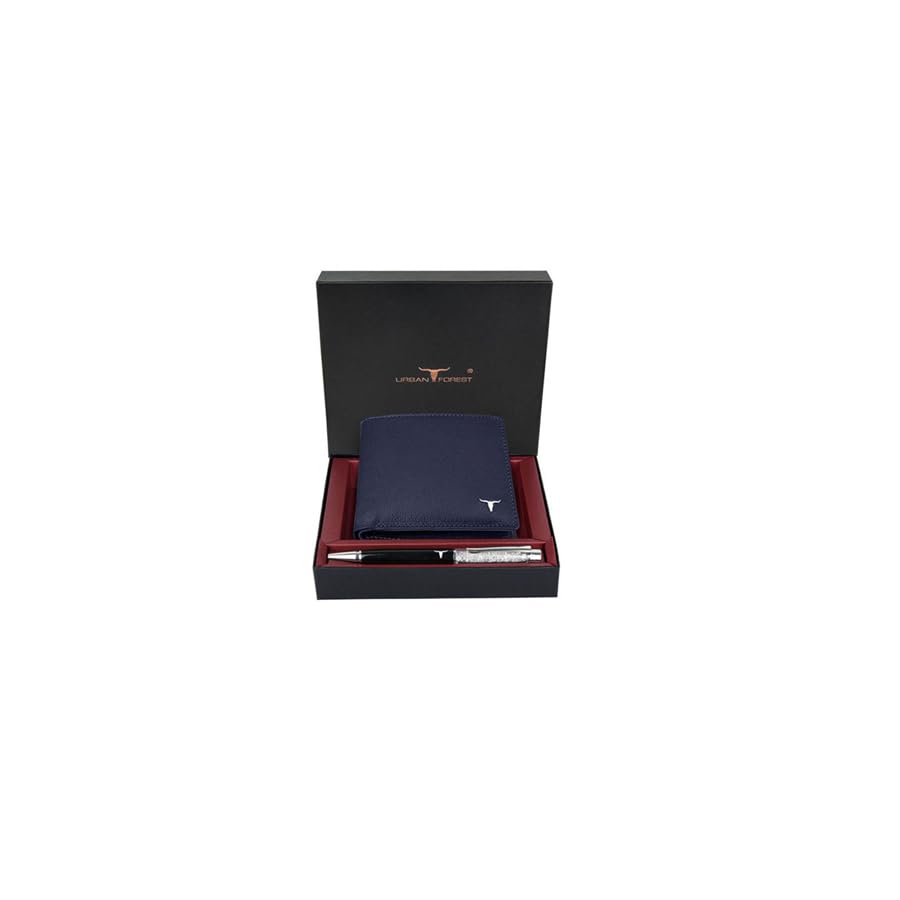 Image of URBAN FOREST Griffin Aniline Blue Leather Wallet & Diamond Pen Combo Gift Set for Men