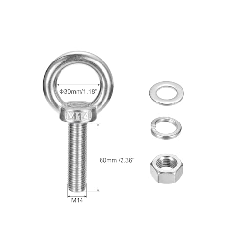 Image of uxcell Lifting Eye Bolt, 1 Set M14 x 60mm Eye Bolt with Nut Washer 304 Stainless Steel Shoulder Lifting Ring Eye Bolt for Hanging Item