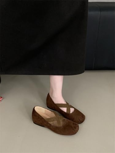 Square Toe Ballet Flats for Women with Hidden Wedge Suede Cross Strap Flats Comfortable Walking Shoes for Daily Office Wear2