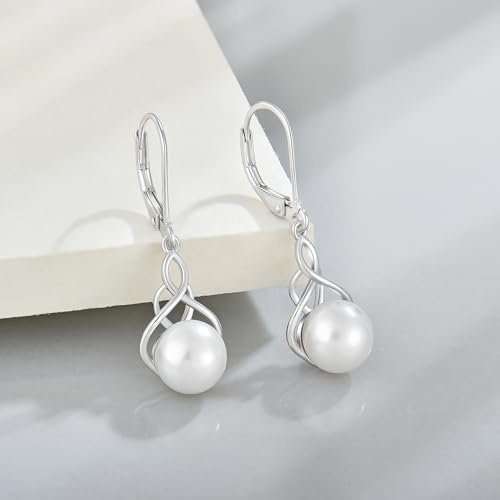 Celtic Knot & Infinity Pearl Earrings for Women - 925 Sterling Silver Dangle Earrings, 9mm Freshwater Pearl Jewelry Gifts (White/Yellow/Rose Gold Plated)4