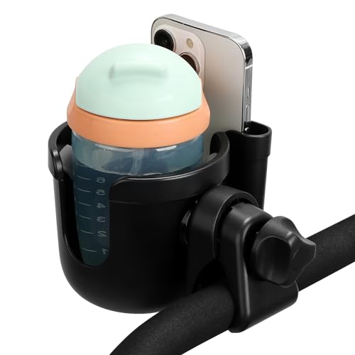 Accmor Stroller Cup Holder with Phone Holder, Universal 2-in-1 Cup Phone Holder for Strollers, Bikes, Wheelchairs, Walkers, Scooters, Black, ABS Plastic