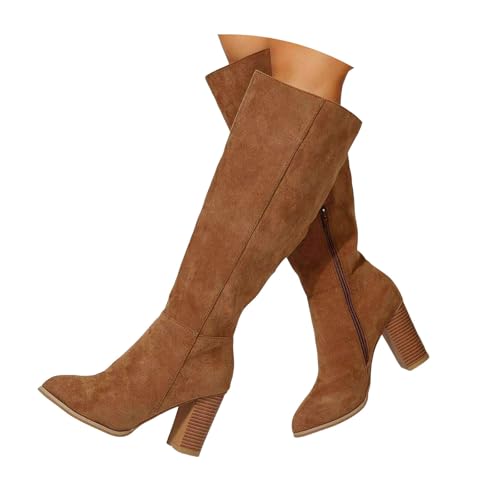 Xbemkste Bottes à tige haute pour femme, bottes slouchy avec talon, bottes à tige longue, bottes hautes, bottes de cow-boy, bottes faciles à enfiler, bottes en cuir suédé, bottes d'hiver, bottes