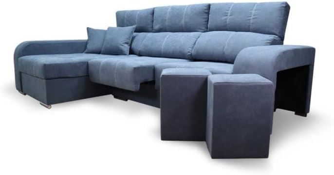 SHIITO - Sofá de 3 Plazas y Chaise Longue Izquierda - 105 x 95 x 295 cm - Modelo Acuario - 2 Puffs - Función Relax - Deslizante y Reclinable - En Azul Grisáceo