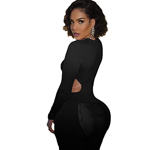 NMVB Pyjama Sexy à Rabat boutonné dans Le Dos pour Femmes Plus Size Onesies Pyjamas Manches Longues Zipper Dos Romper Bodycon Sleepwear (Color : Black, Size : Medium) Cover