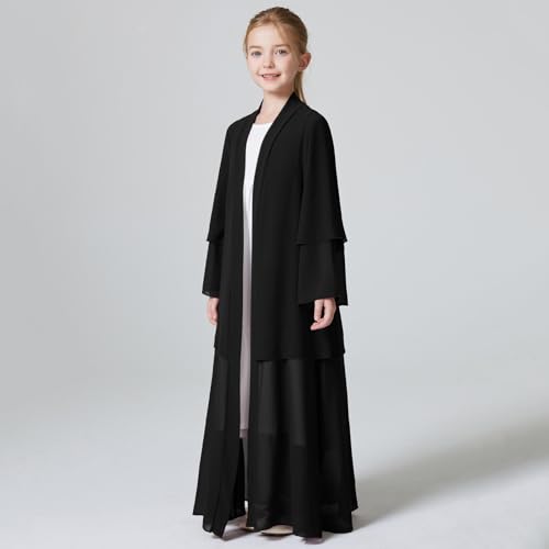 Kids Abaya Dress for Girls Muslim Dress with Hijab Chiffon Layered Open Front Cardigan Ramadan Eid Kaftans Dubai Outfit4