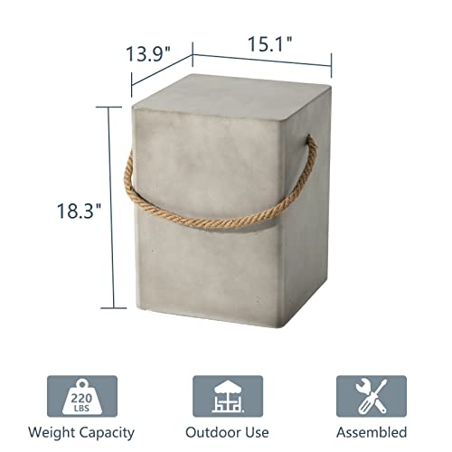 COSIEST Concrete Side Table, Rectangular Outdoor Side Table w Hemp Rope Handles,15\'\'Patio Side Tables End Table, Outdoor Accent Coffe Table for Garden and Patio, Grey