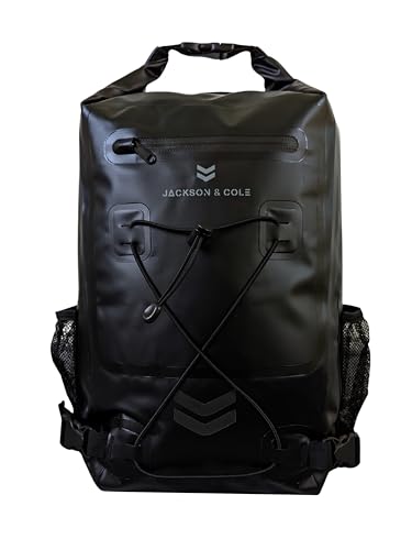 Jackson & Cole Waterproof Backpack - 25L Dry Bag Backpack - Rolltop, Reflective, Webbing for Watersports, Motorcycling, Camping, Hiking, Boating, Fishing (Black)