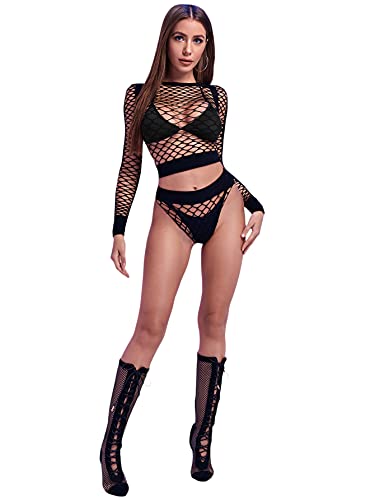 SheIn Women's Lingerie Sets Fishnet Babydoll 2 Piece Crop Top and Panty Set Mesh Shirts Long Sleeve One-Size Black