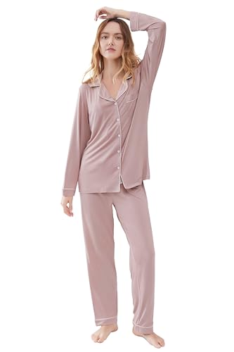 Image of Joyaria Women's Cooling Bamboo Viscose Pajama Set Long Sleeve Button Front | Hot Sleeper Comfort . Cooling Relief . Lightweight Feel for Sleeping & Lounging