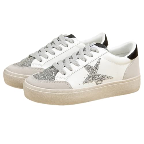 Women’s Glitter Star Lace Up Sneakers Outdoor Sparkly Shiny Sports Tennis Shoes