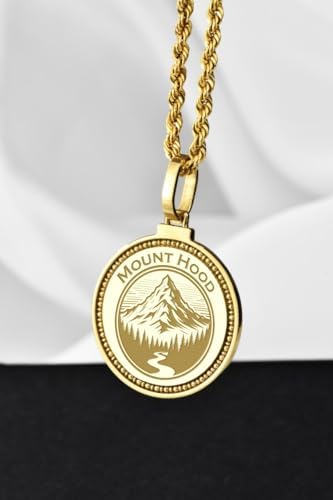 Mount Hood Engraved Pendant Necklace - 14K Gold Plated 925 Sterling Silver Round Medallion With 18 Inch Cable Chain. 28mm Pendant for Men & Women |JA_PENK_2357 image 5