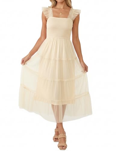 Naggoo Women's Wedding Guest Dresses Summer Square Neck Sleeveless Mesh Vacation Party Bridesmaid Midi Dress Beige L — view 2