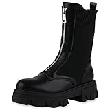 VAN HILL Damen Leicht Gefütterte Bikerstiefel Blockabsatz Schuhe Strick Bikerschuhe Zipper Freizeit Plateau Vorne Boots 208897 Schwarz 40