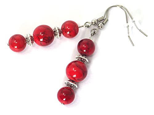 Boucles d'oreilles Thurcolas en perles de turquoise rouge reconstituée et perles tibétaines pendantes