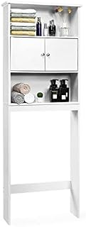 COSTWAY Over Toilet Cabinet, Freestanding Washing Machine Rack with Open Shelves and Doors, Space-saving Bathroom Laundry Storage Organiser Cupboard Unit (White, 63 x 19 x 175cm)