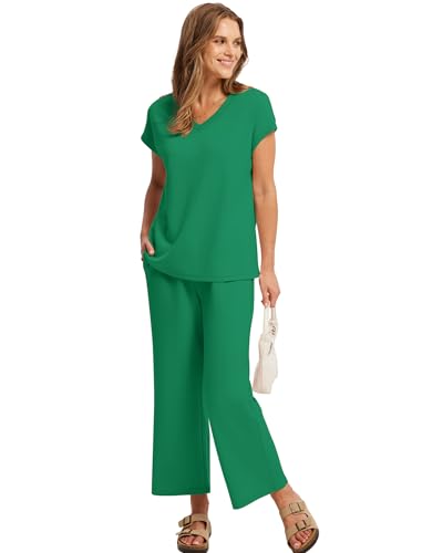 Image of Saloogoe Two Piece Sets for Women Summer Outfits Lounge Sets V Neck Tops Wide Leg Pants Woman Vacation Travel Outfits